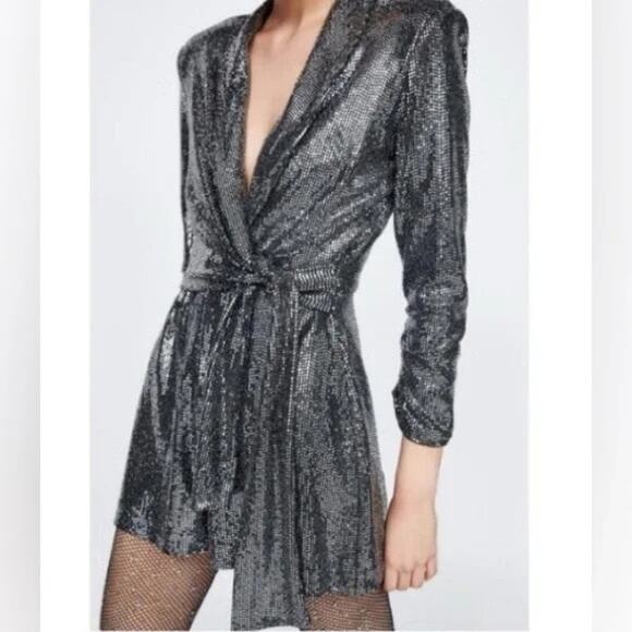 Zara Sequined Long Sleeve Gun Metal Romper - Picture 3 of 9
